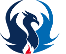 Logo klein negativ Blaues und rotes Phönix-Logo leuchtet.